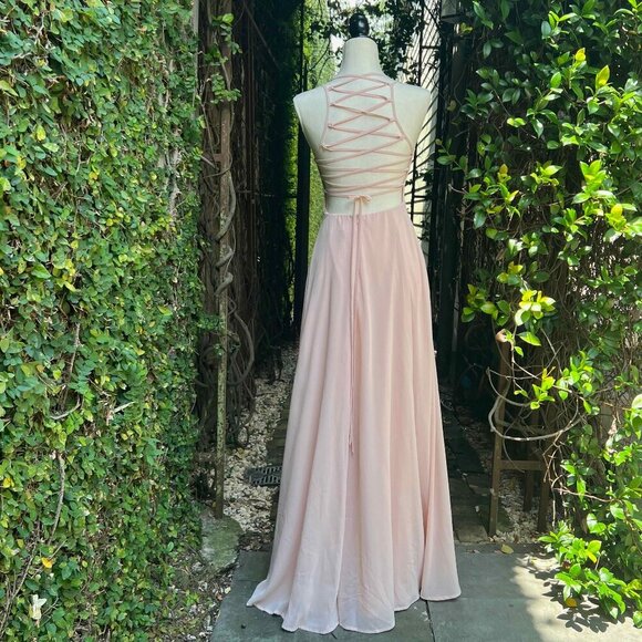 Lulus Bridesmaids Dress Maxi Open Back Lace up Blush Pink Peach Small - Picture 4 of 10